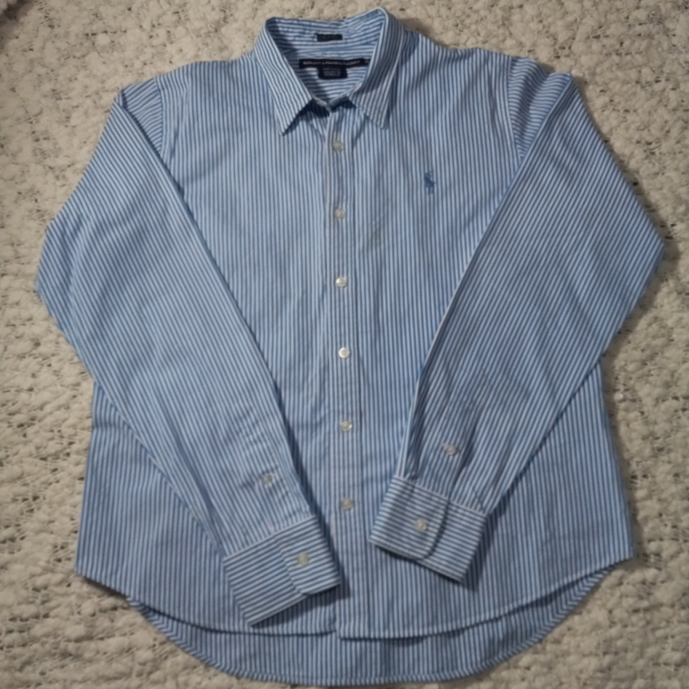 🔥Kids Ralph Lauren Sport Slim Fit Striped Blue & White 100% Cotton Sz 14 Boys